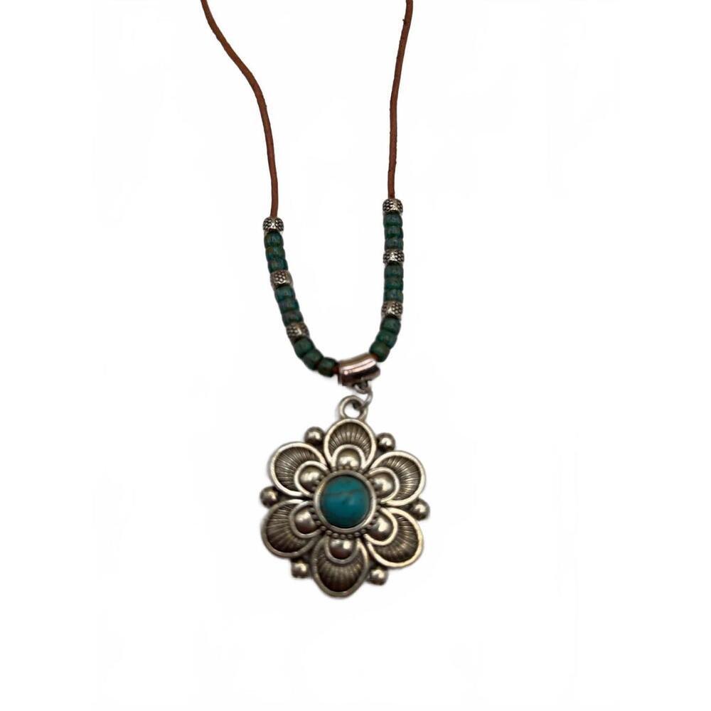 Bohemian Silver and Turquoise Pendant Necklace with Leather Cord - Picture 4 of 7